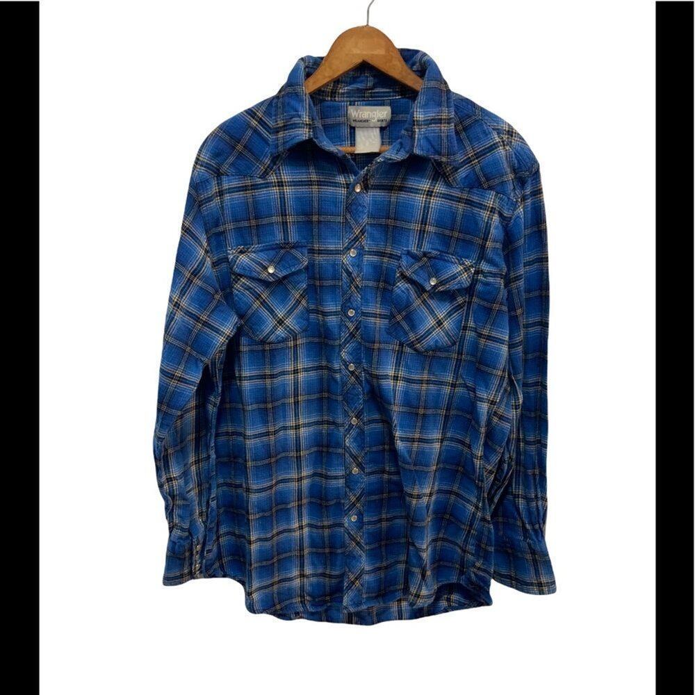 Vintge wrangle western wear cowboy blue plaid flannel shirt w pearl buttons. S L